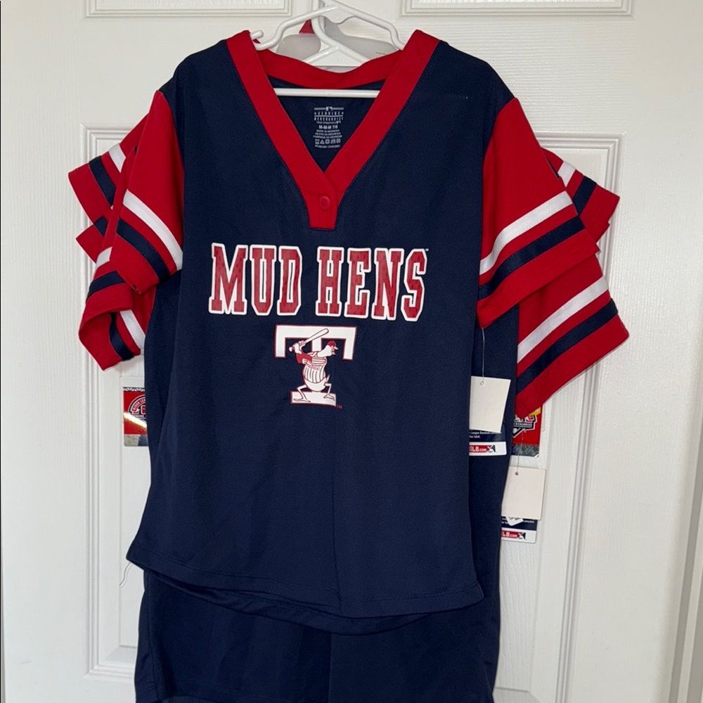 Girls Mud Hens Baseball Jersey  Red And Blue Various Sizes Nwt